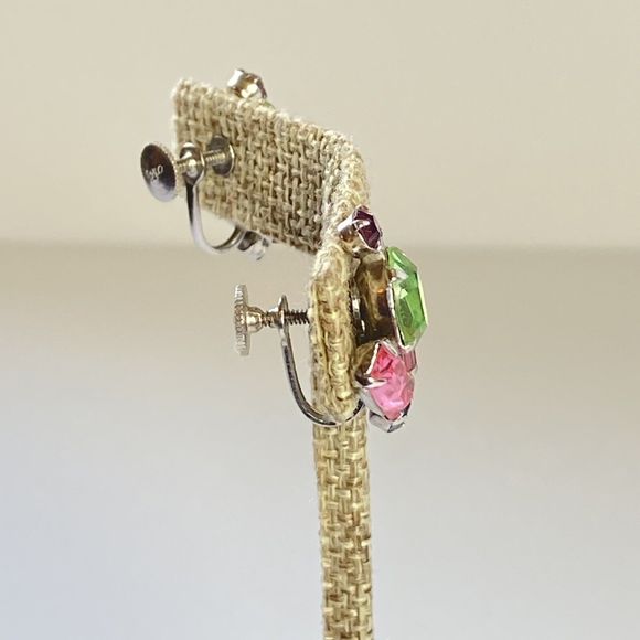 Vintage Signed Coro Pastel Green Pink Blue Purple Rhinestone Screwback Earrings - Picture 5 of 11